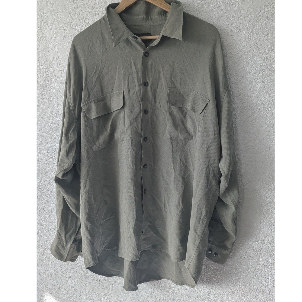 J Ferrar Mens XL 100% Silk Waffle Texture Button‎ Down Shirt Sage Green Olive